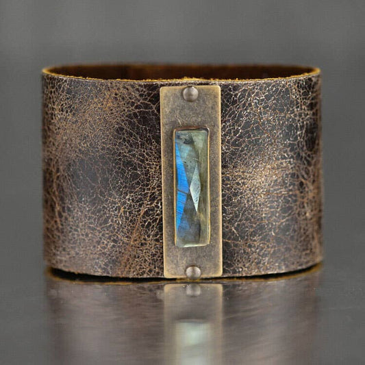2" Leather Cuff w/ Semi Precious (Weathered Brown): Pyrite